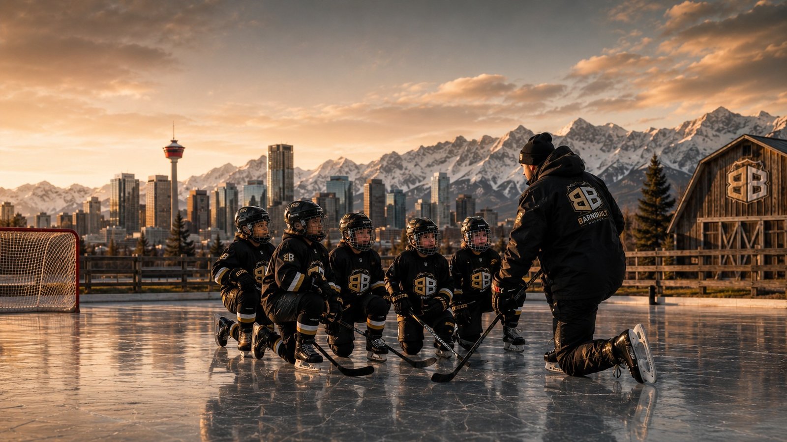 Adult supporting a young hockey player in Calgary