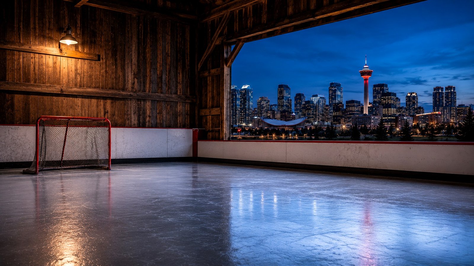 Rustic barn hockey rink overlooking Calgary